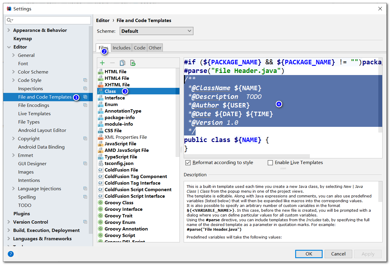 Idea class document annotation template settings